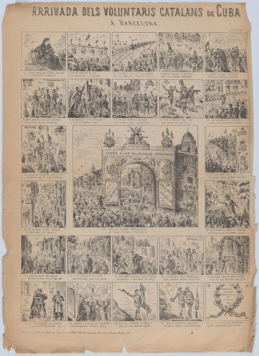 Broadside with 24 scenes showing the Catalan soldiers arriving in Cuba to quell the rebellion — Antonio Bosch