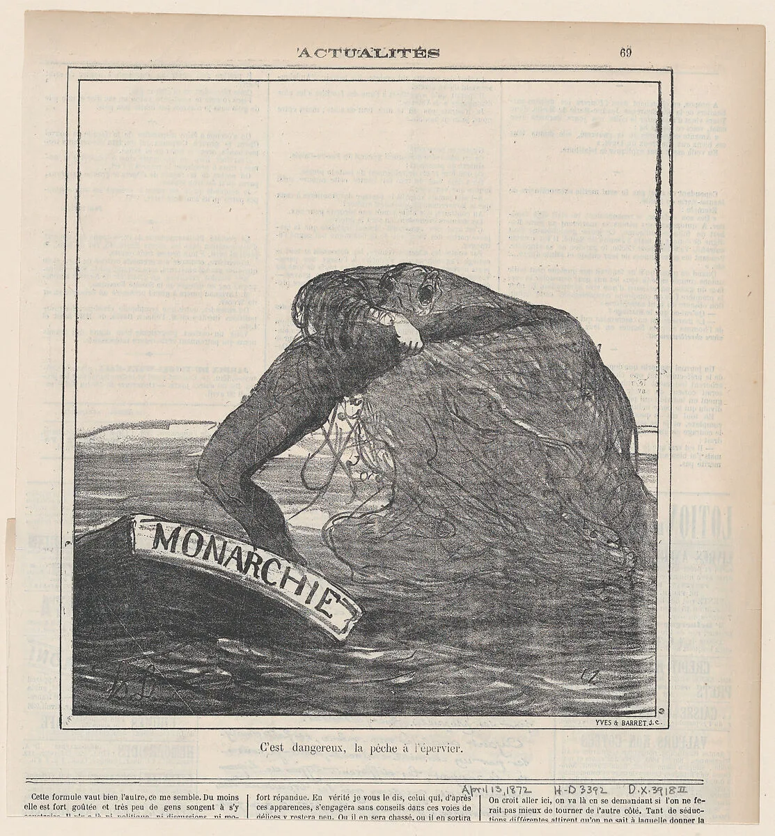 Fishing with a sweep-net can be dangerous, from 'News of the day,' published in Le Charivari, April 13, 1872 — Honoré Daumier