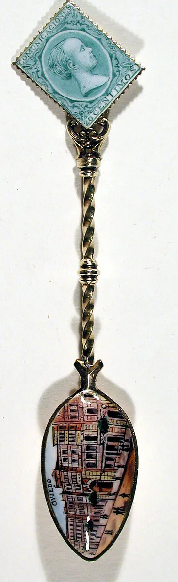 Souvenir spoon with street scene in Oviedo and finial in form of a postage stamp — Unknown