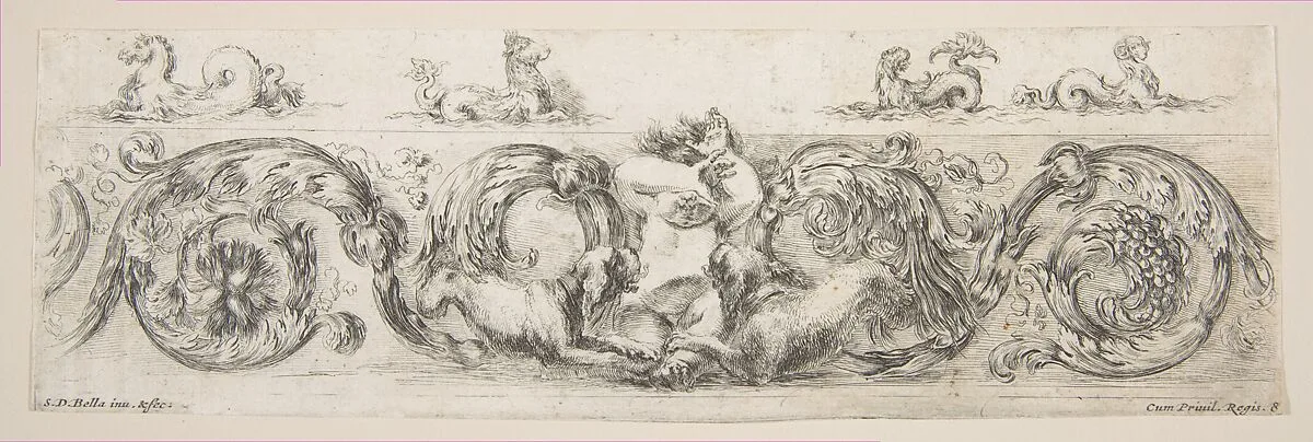 Rinceaux with Child Frightened by Dogs, plate 8 from "Decorative friezes and foliage" (Ornamenti di fregi e fogliami) — Stefano della Bella