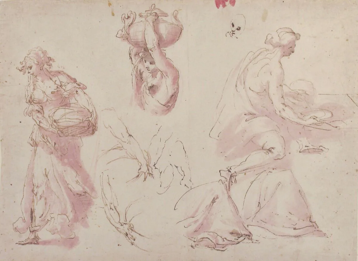 Figure Studies: Woman Carrying a Basket; Woman Carrying a Vase, and Woman Seated at a Table — Francesco Curia