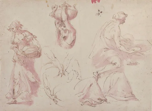 Figure Studies: Woman Carrying a Basket; Woman Carrying a Vase, and Woman Seated at a Table