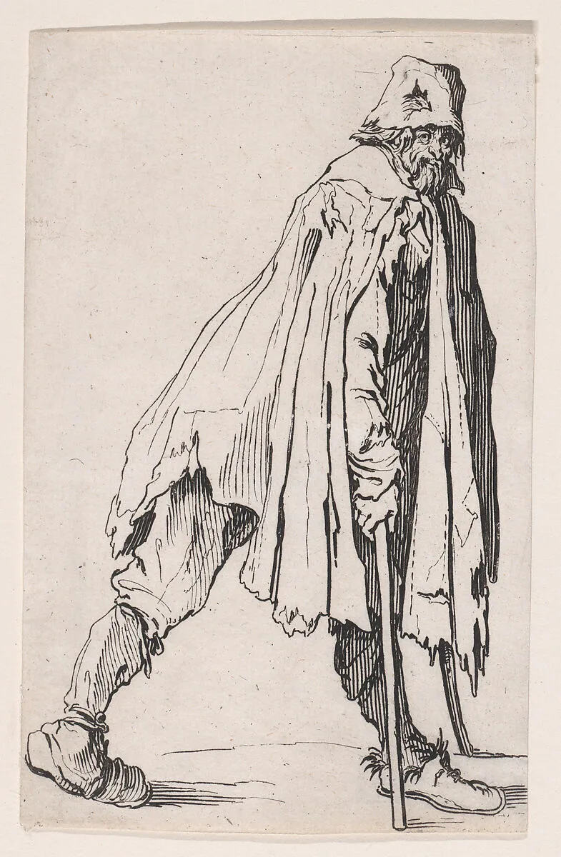 Le Mendiant aux Béquilles Coiffé d'un Bonnet (The Beggar on Crutches Wearing a Cap), from Les Gueux suite appelée aussi Les Mendiants, Les Baroni, ou Les Barons (The Beggars, also called the Barons) — Jacques Callot