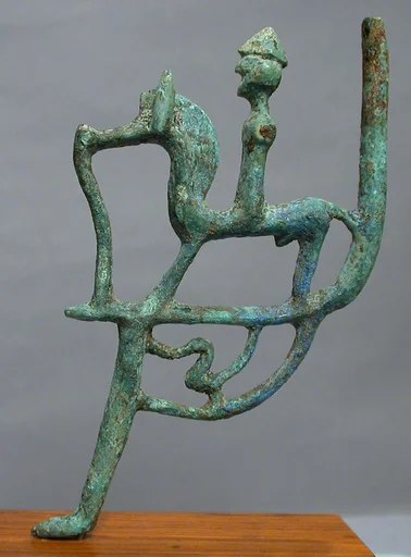 Bronze leg of a cauldron with horseman and bird