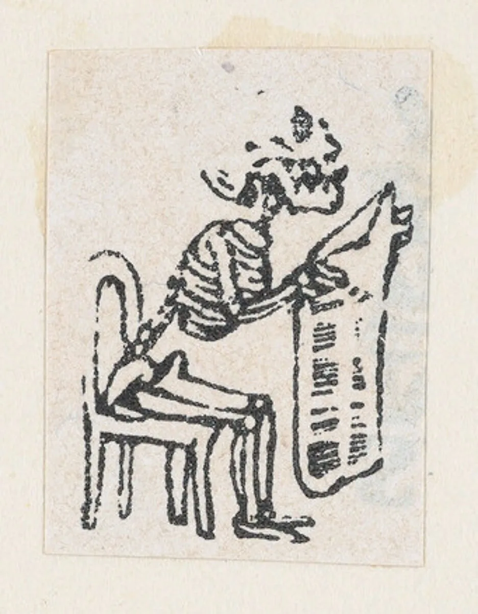 Skeleton sitting on a chair and reading a newspaper, from a broaside entitled 'De este famoso hipodromo en la pista, no faltara ni un solo periodista', published by Antonio Vanegas Arroyo. — José Guadalupe Posada