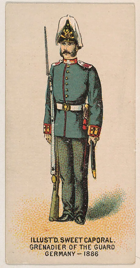 Grenadier of the Guard, Germany, 1886, from the Military Series (N224) issued by Kinney Tobacco Company to promote Sweet Caporal Cigarettes — Kinney Brothers Tobacco Company