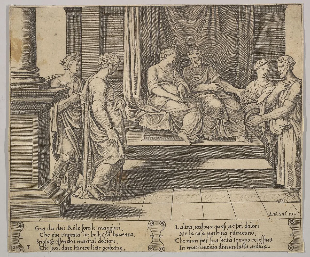 Plate 3: Psyche's two sisters are married to kings, from "The Fable of Psyche" — Master of the Die|Antonio Salamanca|Michiel Coxie (I)