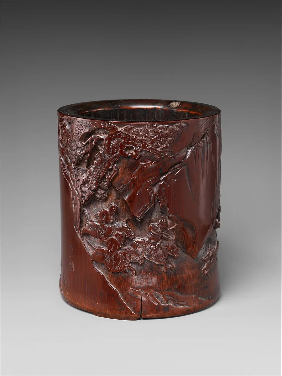 明末清初 周乃始款竹刻狩獵圖筆筒|Brush pot with hunting scene — Zhou Naishi