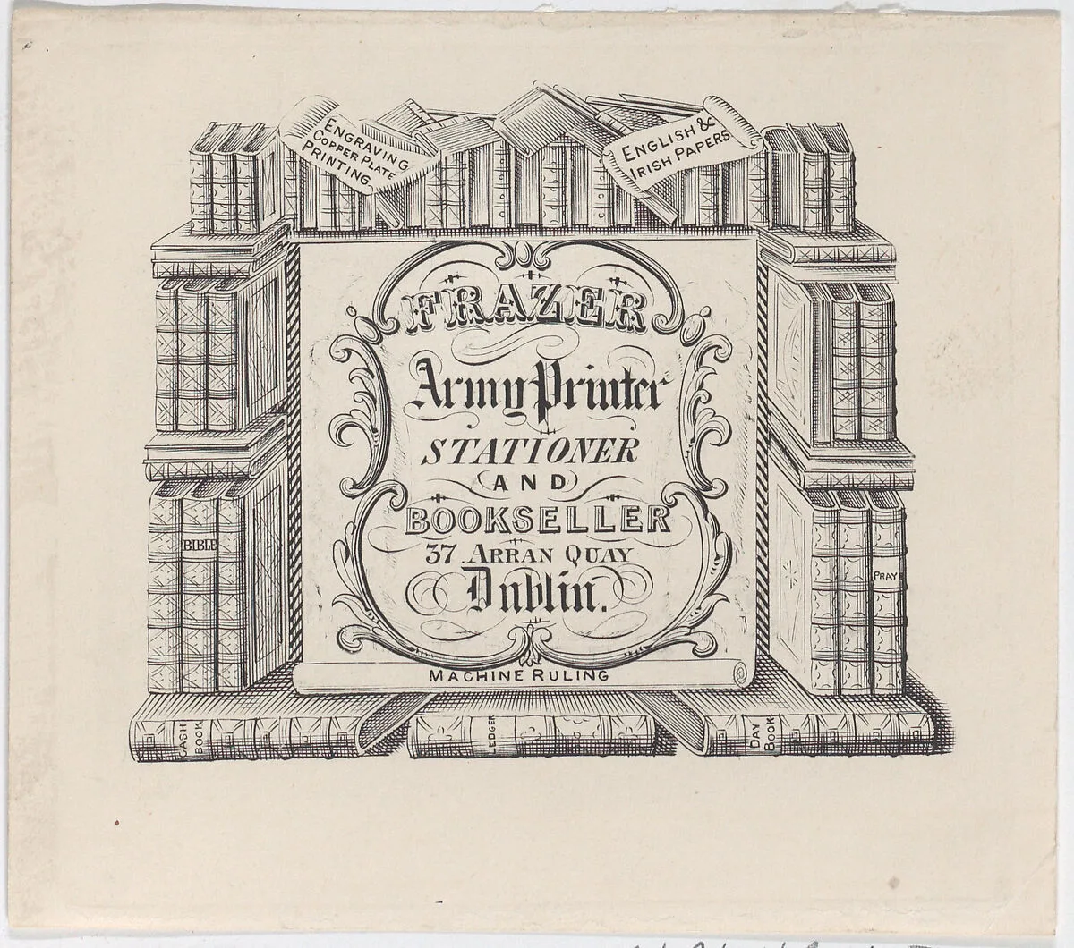 Trade card for Frazer, Army Printer, Stationer and Bookbinder — Anonymous, Irish, 19th century