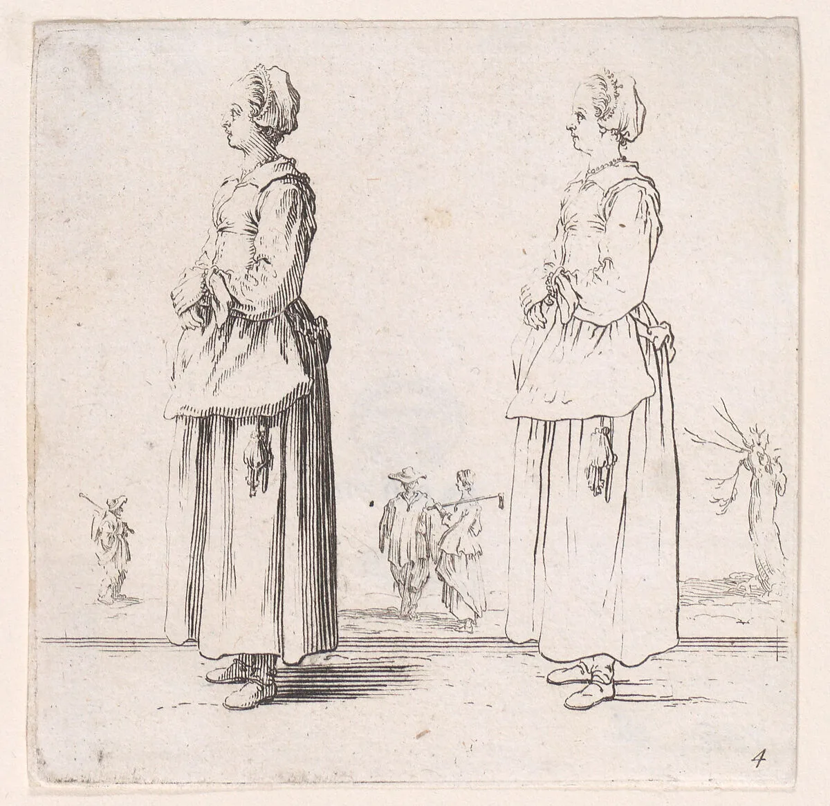 La Paysanne Tournée a Gauche, les Mains Appuyées l'Une sur l'Autre (The Peasant Woman Turned to the Left, One Hand Placed in the Other), from Varie Figure (Various Figures), plate 4 — Jacques Callot