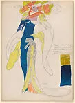 Drawing for a female theatrical costume with a large headdress with strips of pearls — Vincente Minnelli