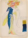 Drawing for a female theatrical costume with a large headdress with strips of pearls