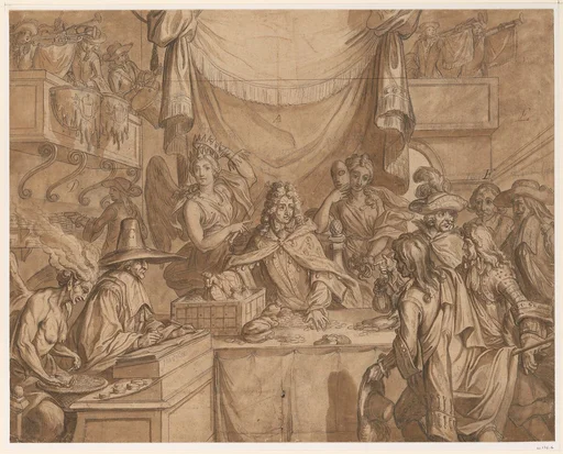 Study for an engraving:  "Almanac pour l'an de Bissexte M.DC.XCII:  La Lotterie Chimerique d'Augsbourg où chacun met du sien sans proffit"[sic]