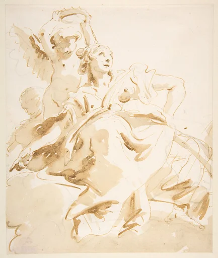 Winged Putto Crowning a Seated Woman Who Looks Upward