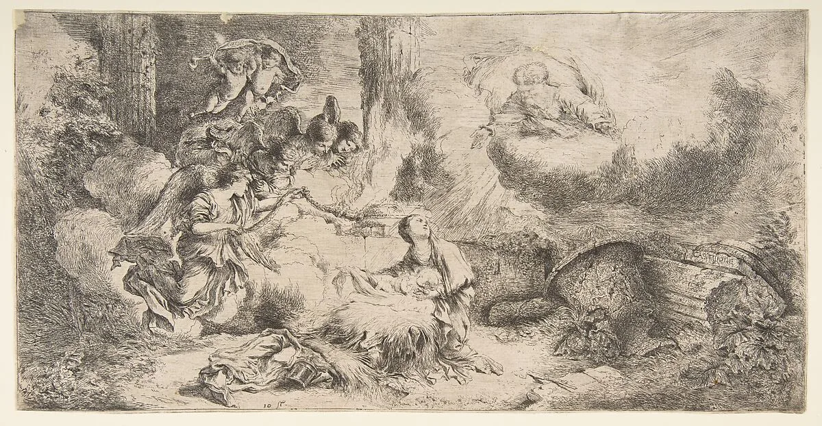 The Virgin and Child, God the father upper right, angels at left — Giovanni Benedetto Castiglione (Il Grechetto)