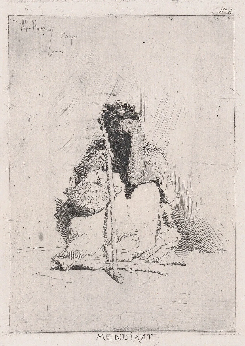 A beggar, seated on the ground holding a stick — Mariano Fortuny, 1838–1874