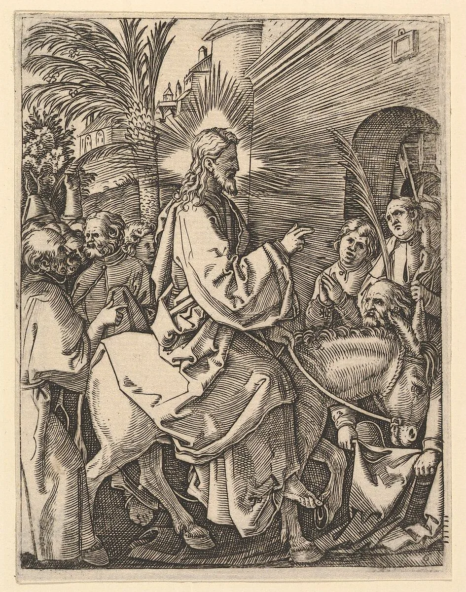 The Entry into Jerusalem; Christ riding on a donkey towards an arched city gate; an elderly man spreads out his cloak on the road, after Dürer — Marcantonio Raimondi|Albrecht Dürer