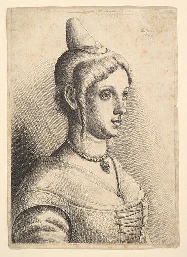 Young woman with a conical hat to right