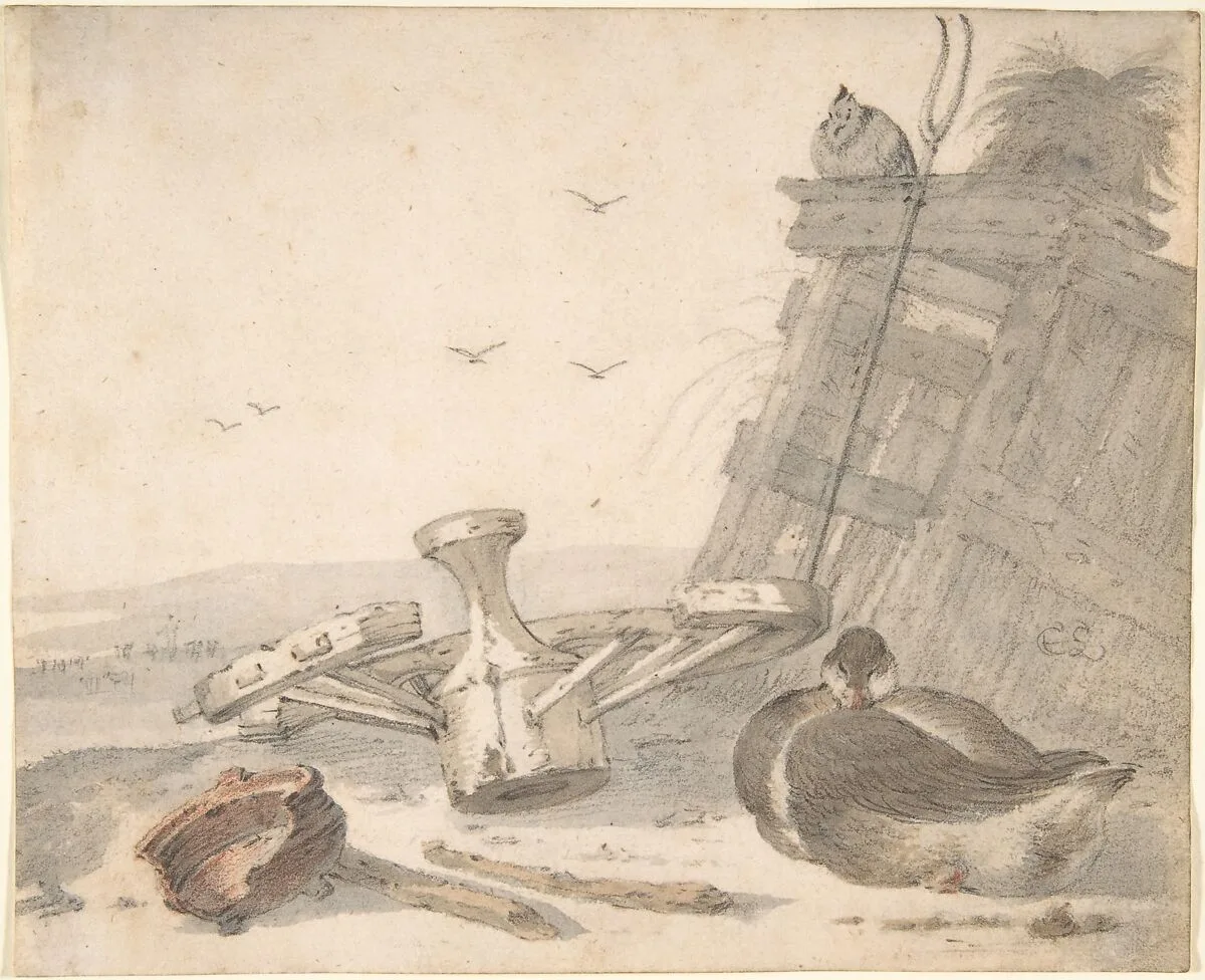 A Duck Sleeping near a Broken Wheel in a Farmyard, a Chicken beyond — Cornelis Saftleven