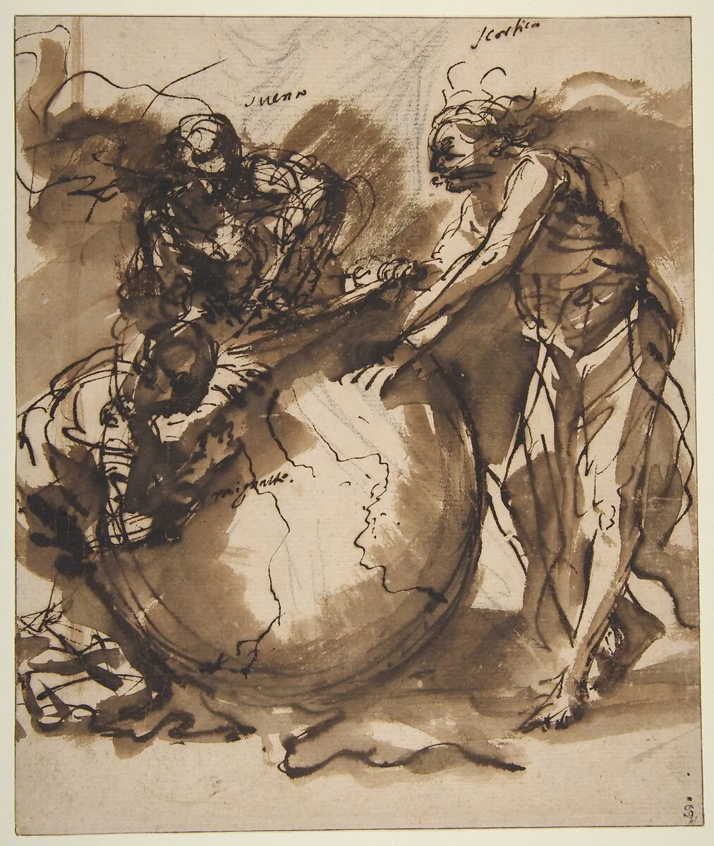 Three Figures around a globe — Salvator Rosa