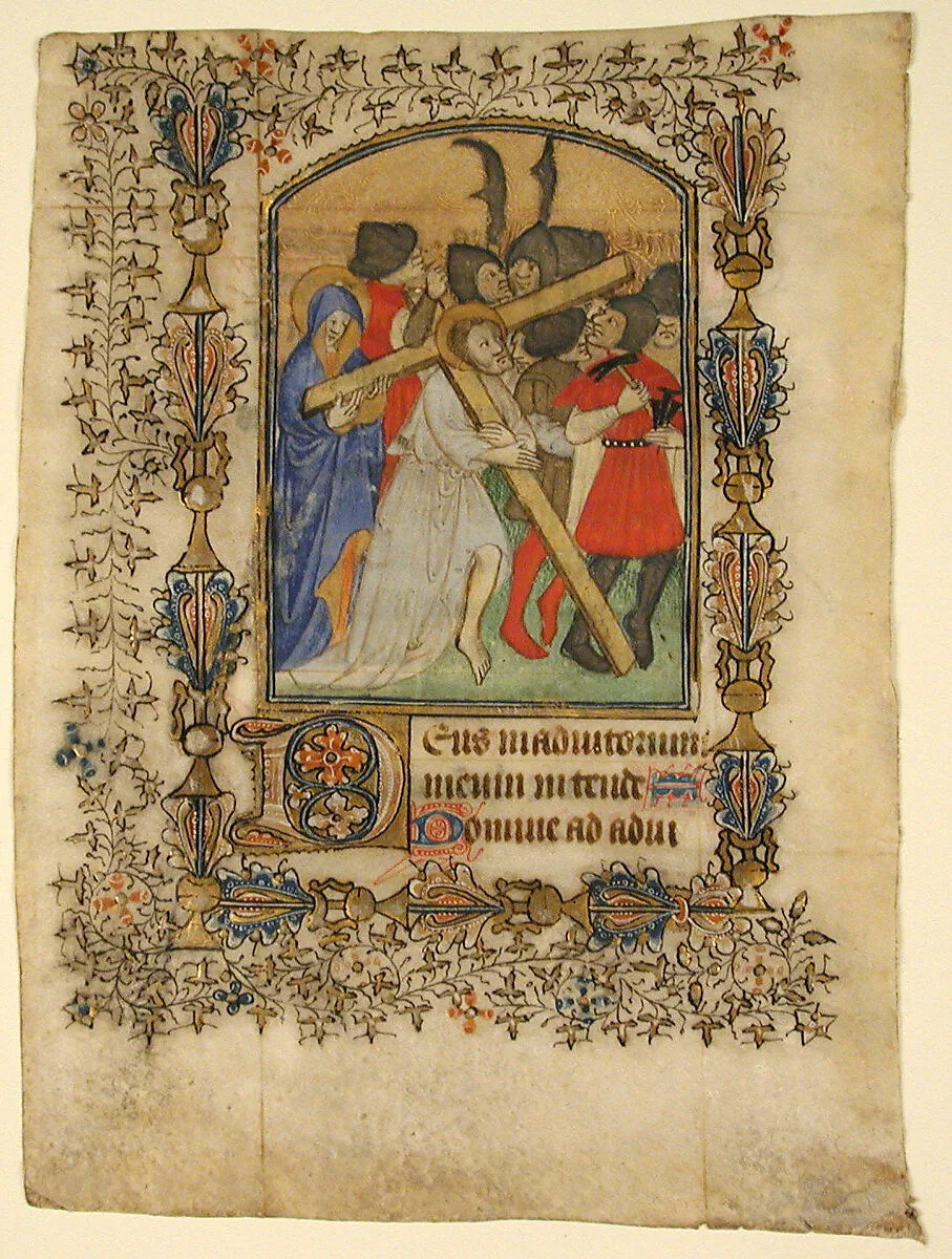 Manuscript Leaf from a Book of Hours Showing an Illuminated Initial D and Christ Bearing the Cross — Unknown