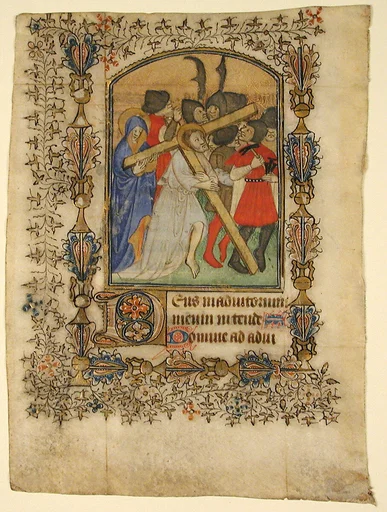 Manuscript Leaf from a Book of Hours Showing an Illuminated Initial D and Christ Bearing the Cross