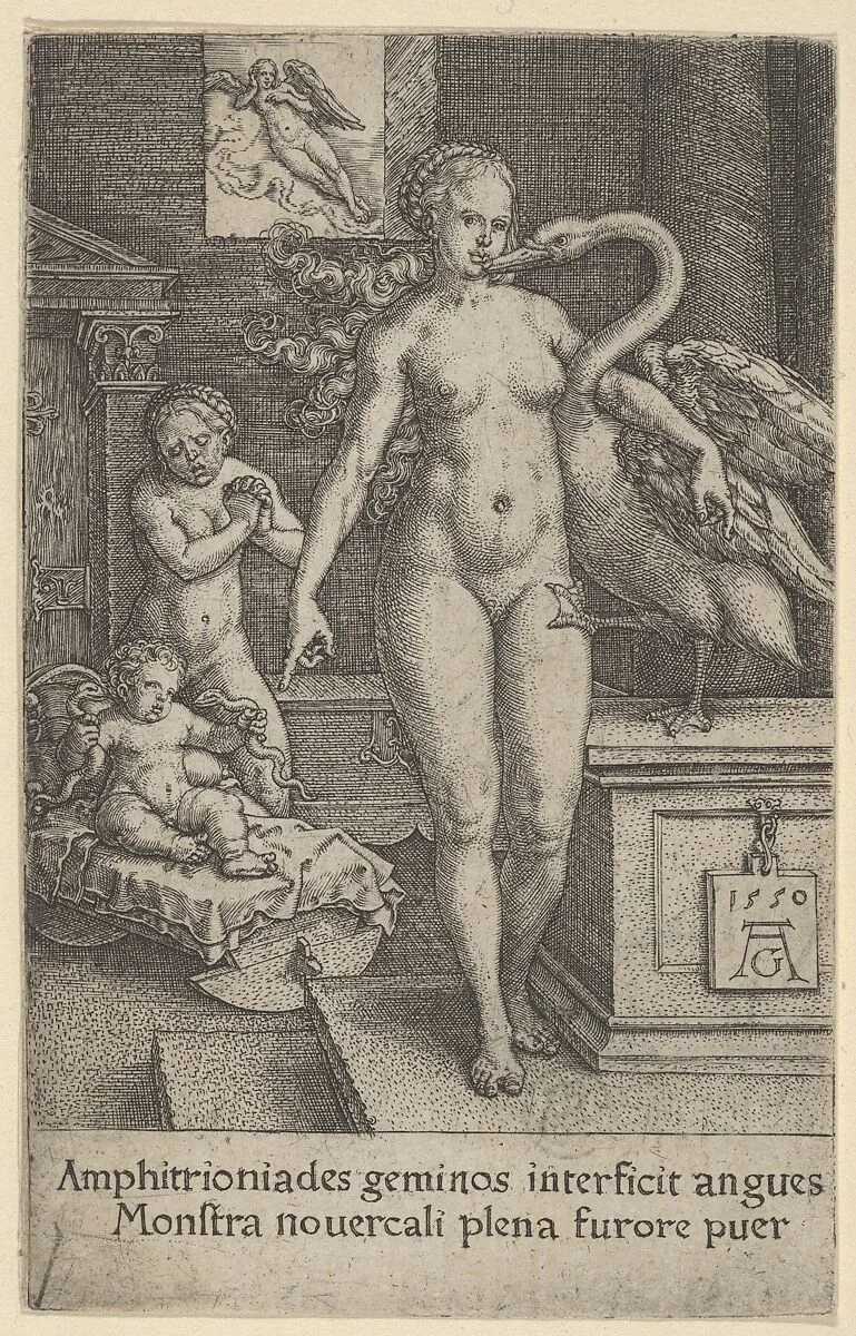 Leda with the Swan and Hercules as a Child, from The Labors of Hercules — Heinrich Aldegrever
