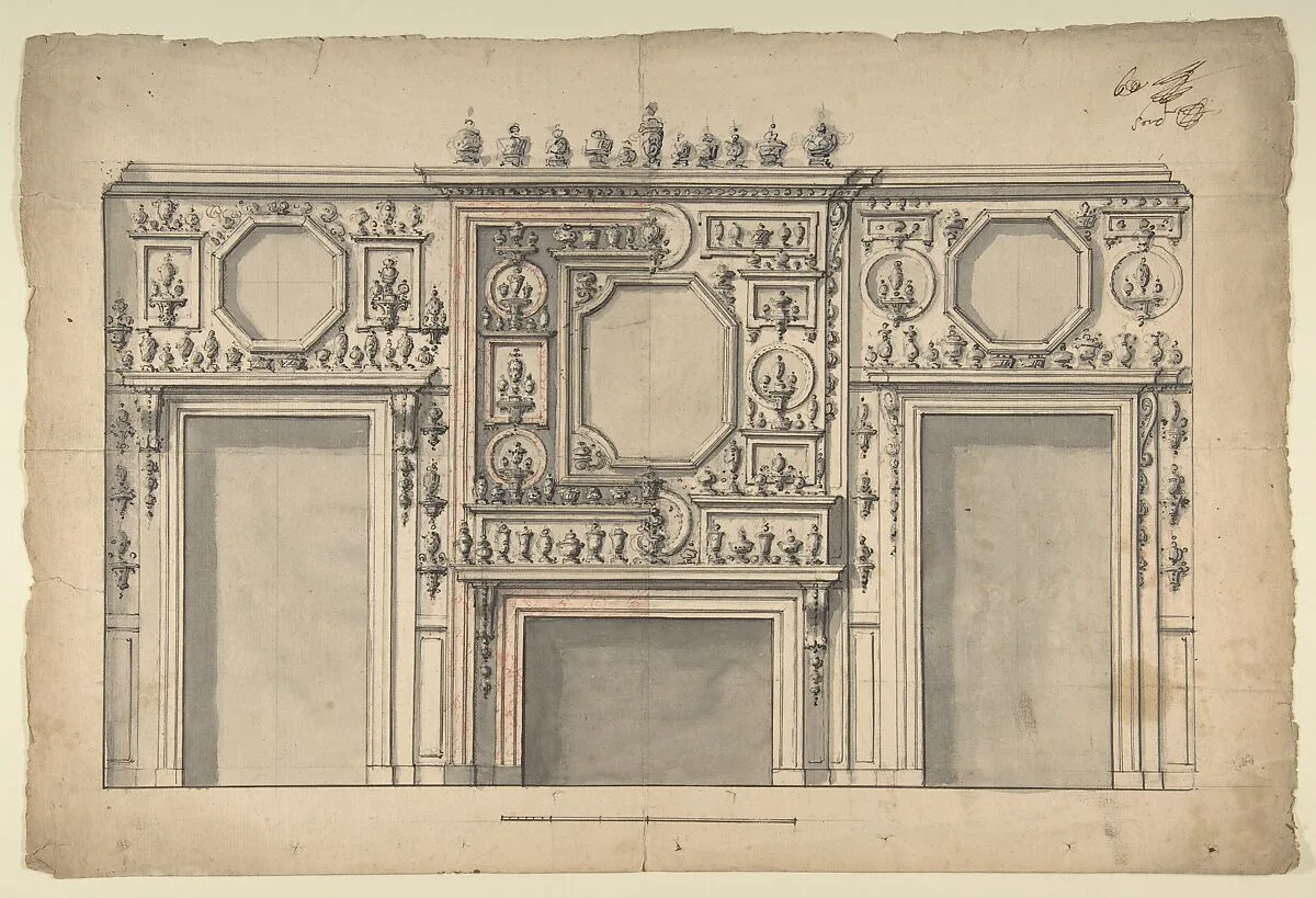 Two Variant Designs for the Interior of a Room, Decorated with Porcelains, Fireplace in Center, and With the Doorways at Either Side — Giovanni Larciani ("Master of the Kress Landscapes")