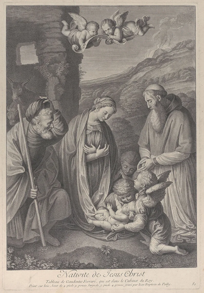 The Nativity, with Saint Joseph, the Virgin, and a male saint adoring Christ Child, who lies at center, supported by angels — Jean-Baptiste de Poilly|Gaudenzio Ferrari