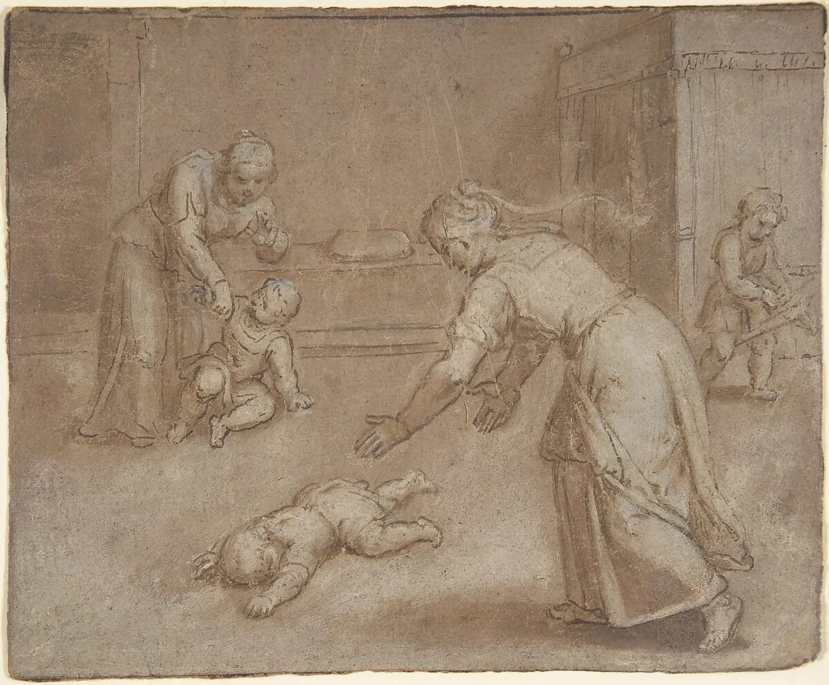 Two women and three children in an interior — Otto van Veen