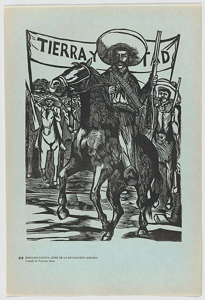 Plate 24: Emiliano Zapata, leader the revolution, on horseback, from the portfolio 'Estampas de la revolución Mexicana' (prints of the Mexican Revolution) — Francisco Mora|Taller de Gráfica Popular