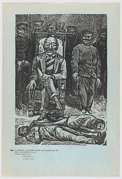 Plate 34: 'The criminal' Victoriano Huerta installed as President sitting on chair with murdered men at his feet, from the portfolio 'Estampas de la revolución Mexicana' (prints of the Mexican Revolution) — Alfredo Zalce|Taller de Gráfica Popular