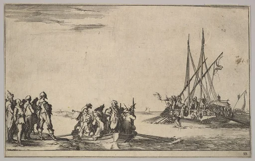 A rowboat full of men in center, a group of men standing on shore at left, a ship full of men, one firing a pistol, at right, from 'Set of eight nautical landscapes' (Suite de huit Marines)