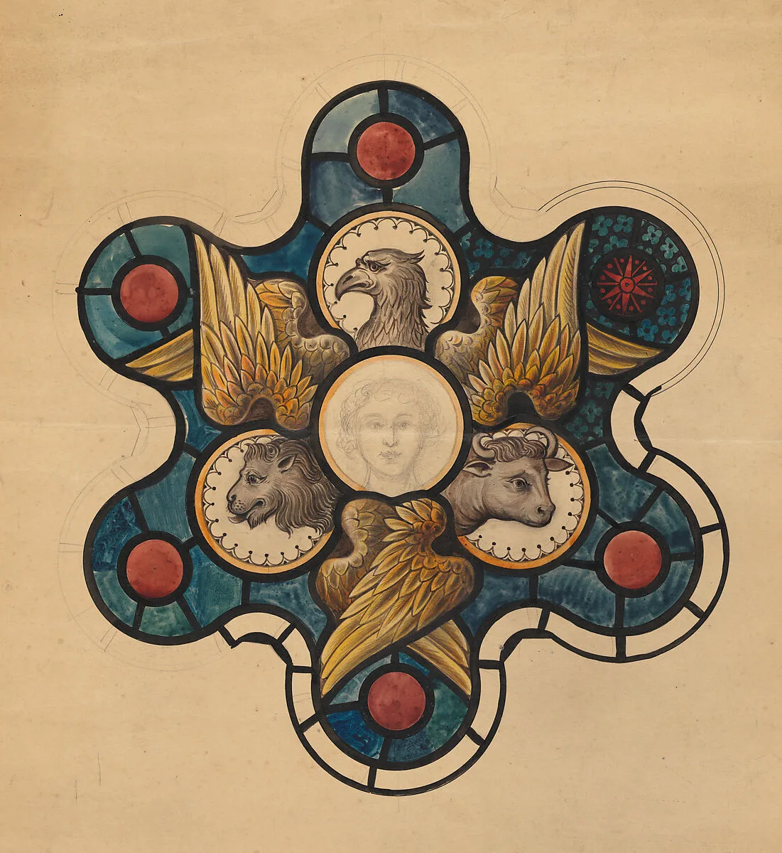 Design for Stained-Glass Window with Symbols of the Evangelists — Anonymous, British, 19th century|Ernest Geldart