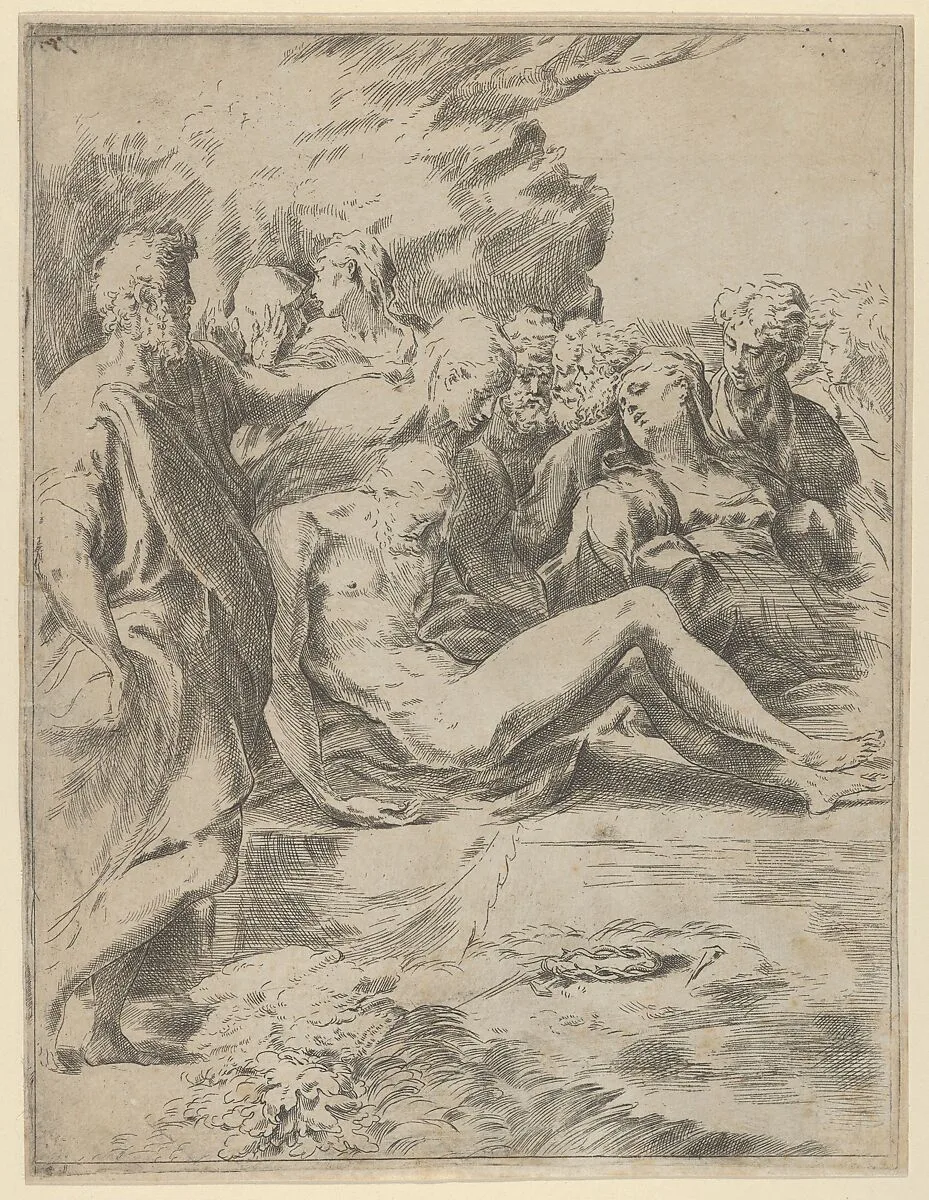 The Entombment; Christ with legs outstretched, the Virgin at right — Guido Reni|Parmigianino (Girolamo Francesco Maria Mazzola)
