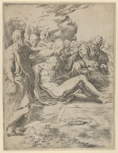 The Entombment; Christ with legs outstretched, the Virgin at right