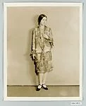 8 x 10 inch black and white photograph of model wearing dress made from Stehli Silks Americana Print collection. — Kadel & Herbert Commercial Department|Stehli Silks Corporation