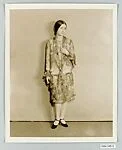 8 x 10 inch black and white photograph of model wearing dress made from Stehli Silks Americana Print collection.