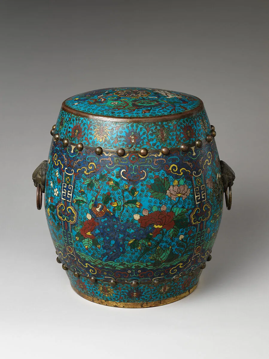 明晚期 銅胎掐絲琺瑯花鳥紋座墩|Garden seat with birds and flowers — Unknown