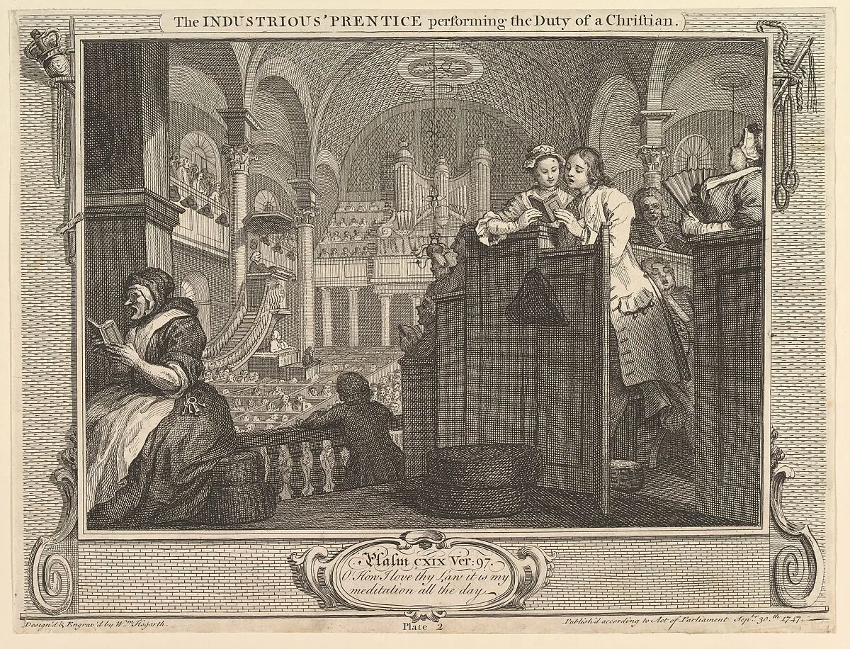 The Industrious 'Prentice Performing the Duty of a Christian: IIndustry and Idleness, plate 2 — William Hogarth