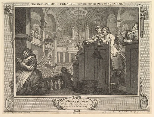 The Industrious 'Prentice Performing the Duty of a Christian: IIndustry and Idleness, plate 2