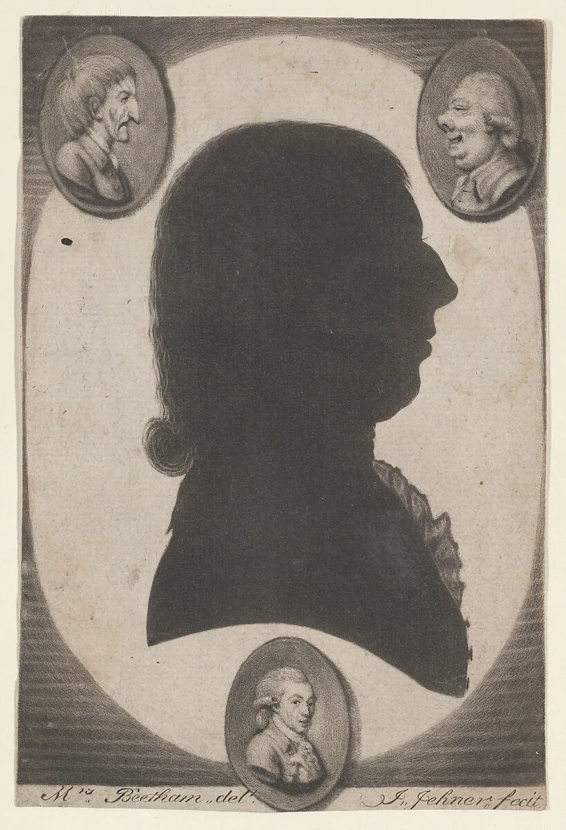 Edward Beetham, bust in profile to right in an oval, with two caricature heads in small ovals in the upper corners — Edward Beetham|Isaac Jehner|Isabella Beetham