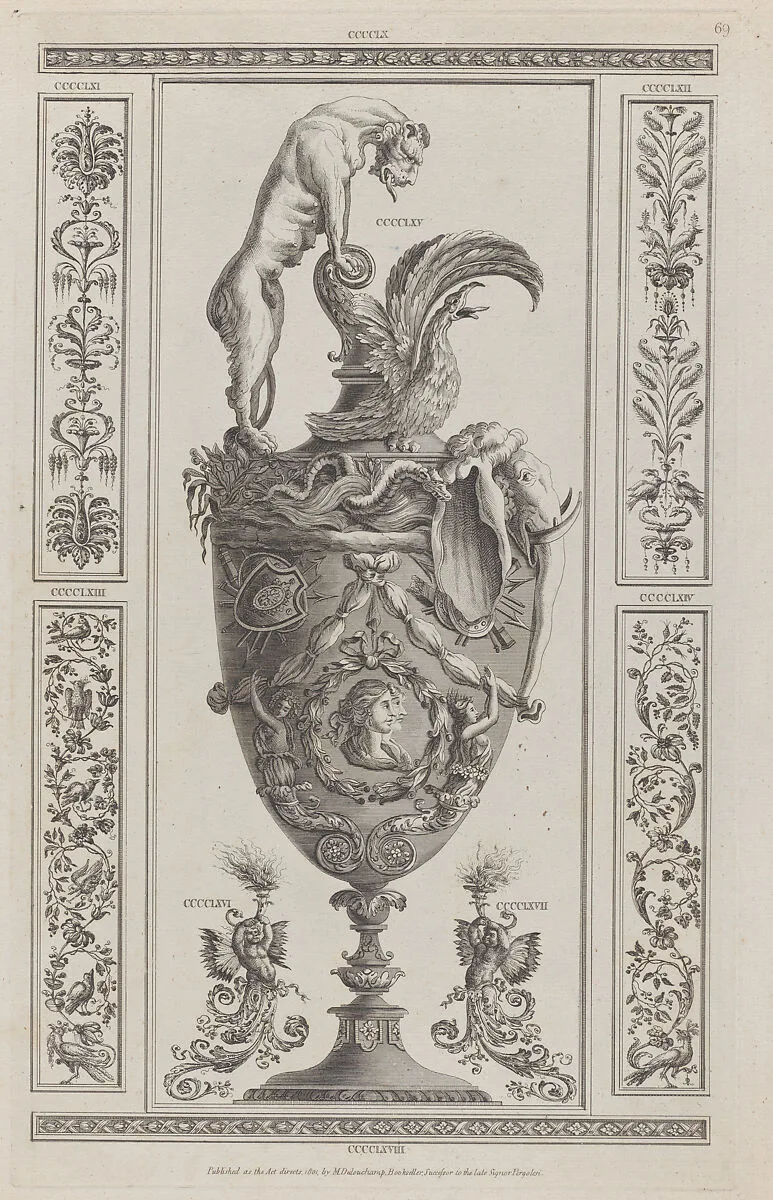 Vases and Ornament, nos. CCCCLX–CCCCLXVIII, plate 69 from "Designs for Various Ornaments" — Dulouchamp|Michelangelo Pergolesi