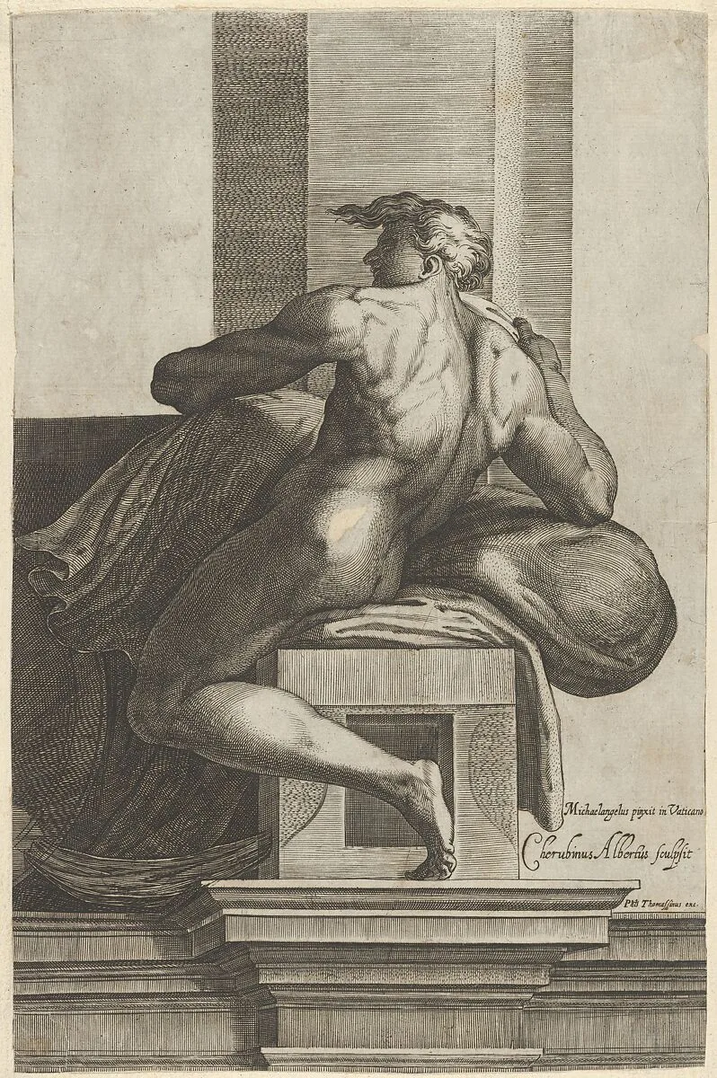A naked man (Ignudo), seated and facing left, after Michelangelo's 'The Last Judgment' fresco in the Sistine Chapel — Cherubino Alberti (Zaccaria Mattia)|Michelangelo Buonarroti|Philippe Thomassin