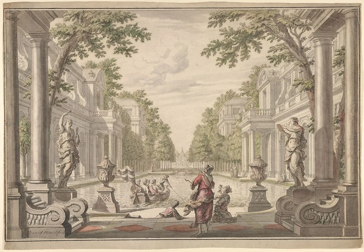 View of a Palace Garden with a Central Pond Surrounded by Classical Architecture (Tapestry or Stage Design?) — Daniel Marot the Elder