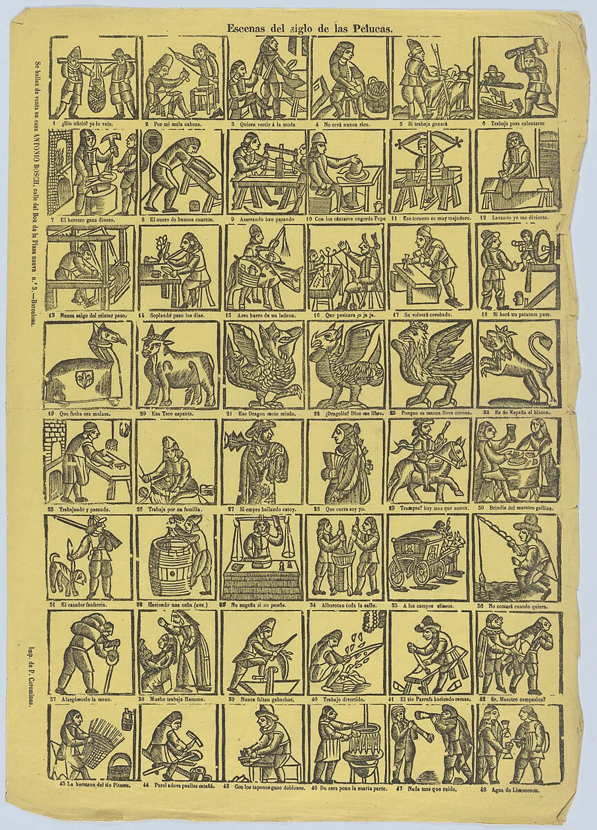 Broadside with 48 scenes from the 'century of the wigs' — Pedro Corominas|Antonio Bosch