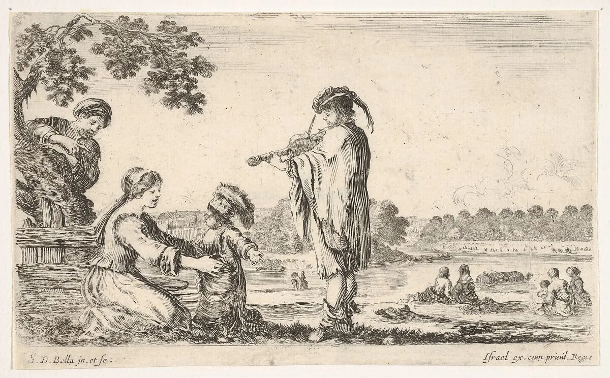 A man playing the violin in center, turned towards the left in profile, a seated woman to left playing with her dancing child, another woman standing and pointing behind a tree to left, seated women in a landscape to right in the background, from 'Various figures and lands' (Diverse figure e paesi) — Stefano della Bella|Israël Henriet