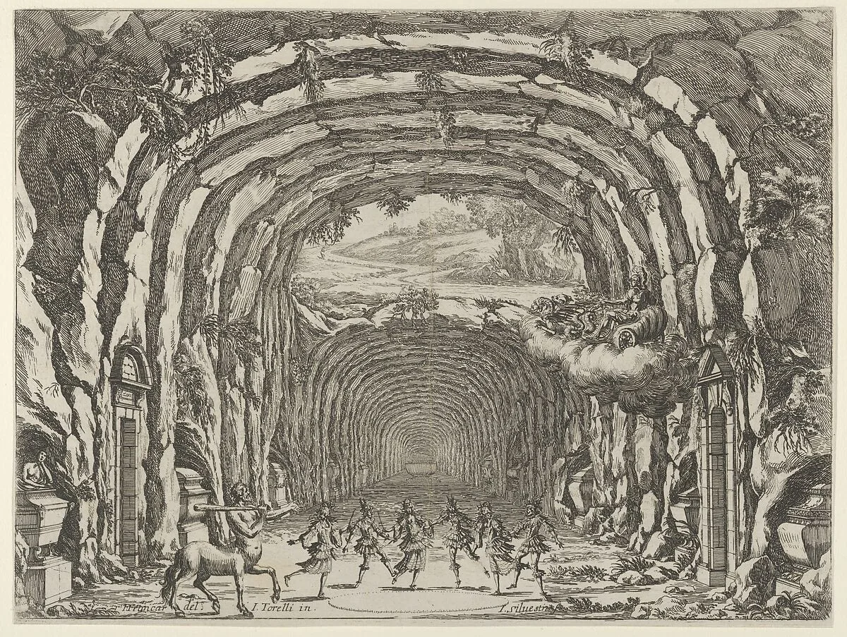 Design for a theater set created by Giacomo Torelli da Fano for the ballet 'Les Noces de Thétis', from 'Décorations et machines aprestées aux nopces de Tétis, Ballet Royal' — Israel Silvestre|F. Francart|Giacomo Torelli da Fano