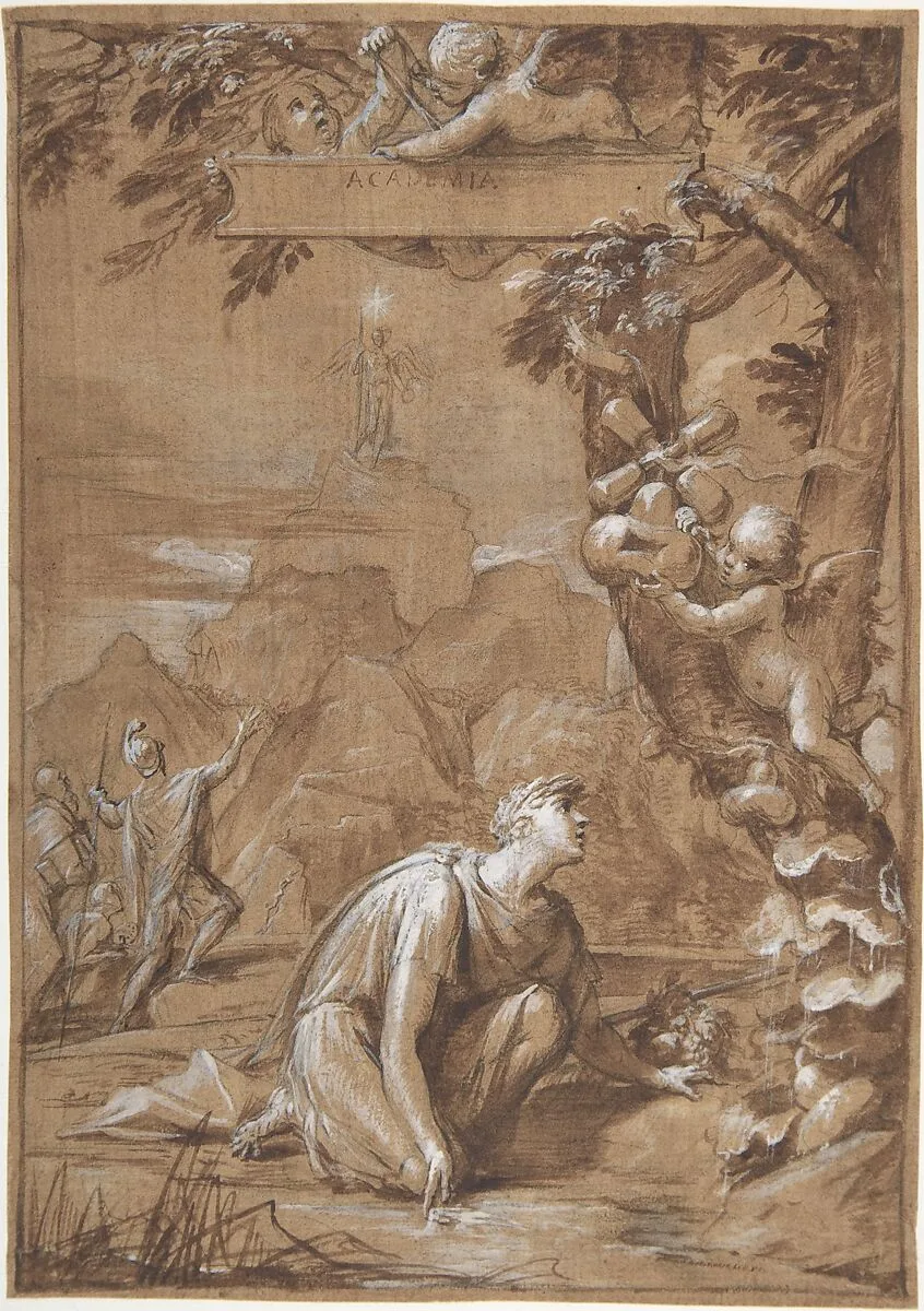 Design for a Frontispiece; Allegorical Composition with a Young Man Kneeling before a Tree — Giovanni Angelo Canini