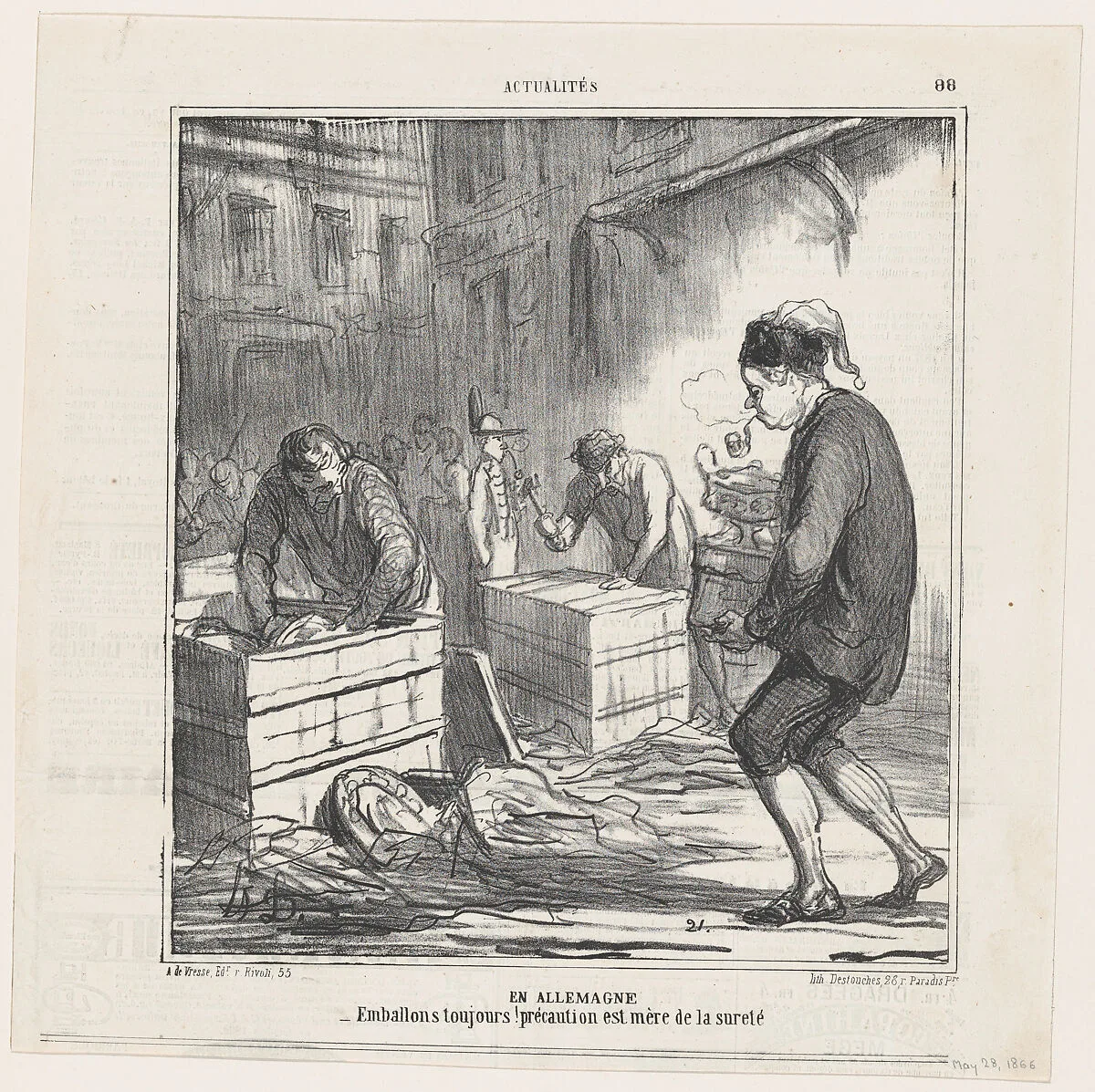 In Germany: Let's pack up everything, caution is the mother of wit, from 'News of the day,' published in Le Charivari, May 28, 1866 — Destouches|Honoré Daumier|Arnaud de Vresse